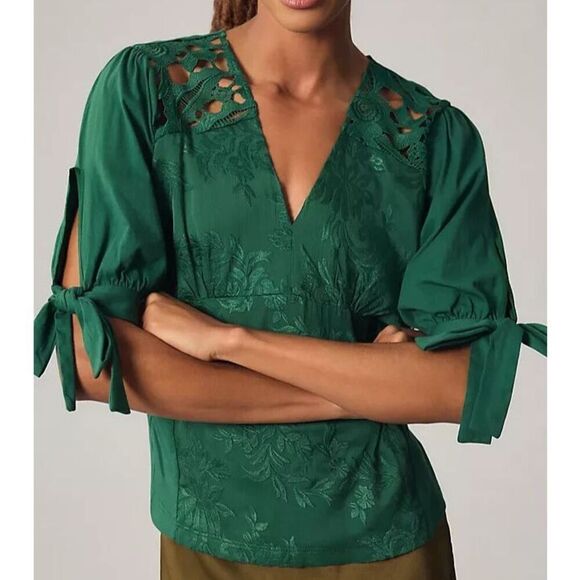 Tiny x Anthropologie Women's Sz M Emerald Green Ophelia Embroidered Top - Picture 7 of 9